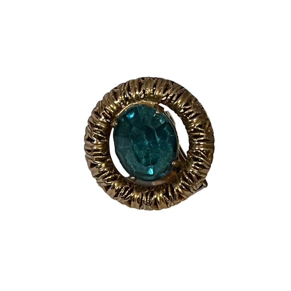 Vintage Filigree Gold Tone Clip-On Earrings With Teal Blue Rhinestone - Picture 3 of 8